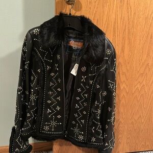 Leather jacket with embellishments with fur trim collar & cuffs